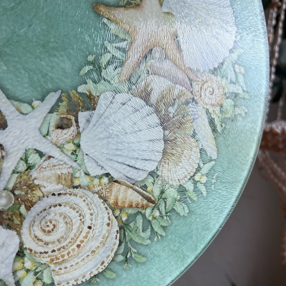 Coastal Glass Lazy Susan Seashell Rotating Serving Tray Beach House Ocean Decor - Picture 3 of 5